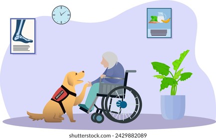 an elderly woman assisted by service dogs in healing period vector illustration