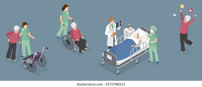 Elderly woman with back pain. Old lady uses a wheelchair. Female patient on medical bed in the care of medical personnel. Senior woman rejoices after recovery. 3d isometric flat illustration.