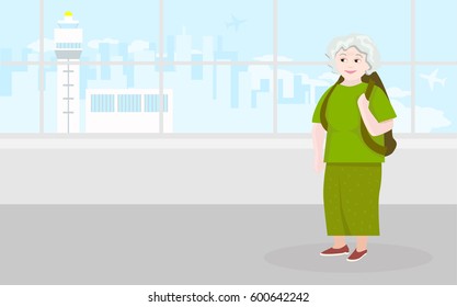 An elderly woman with a backpack on her shoulders is waiting for her flight. The passenger with suitcase. The runway of the airport of the glass. The plane flies in the sky. Flat illustration. Vector.