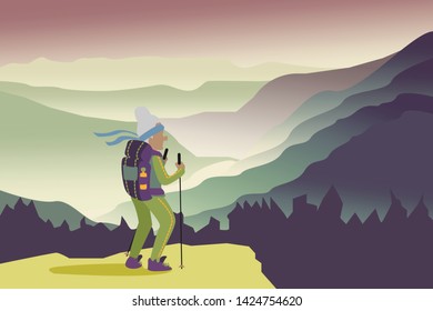 Elderly woman with backpack, traveller standing on top of mountain and viewing the landscape. Concept of discovery, exploration, hiking, adventure tourism and travel. Flat vector illustration.