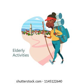 An elderly woman with a backpack walking for a walk.  Grandmother leads a healthy lifestyle. She goes in for sports and Hiking. Vector illustration.