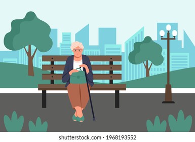 An elderly woman with a bag and a cane sits on a bench in the park. Flat cartoon vector illustration.