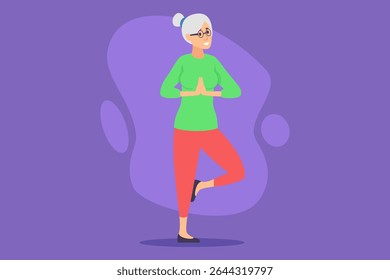 Elderly woman balancing on one leg while doing yoga pose, wearing green top and red pants, surrounded by a simple purple backdrop