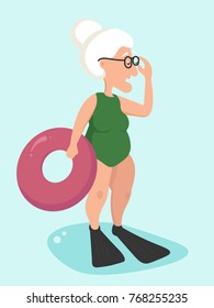 An elderly woman in a bathing suit and a lifebuoy is standing and surprisingly adjusting her glasses. She saw an interesting information.