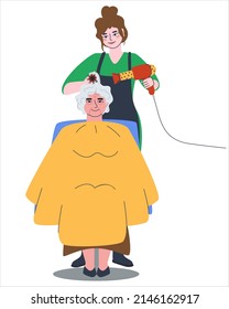 An elderly woman in a beauty salon does hair styling. The hairdresser with a hairdryer and a round brush makes curls for a grandmother. Flat vector illustration. Eps10