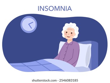 Mujer mayor en la cama por la noche, incapaz de dormir en diseño plano. Insomnio sénior.