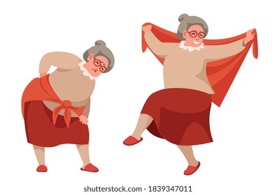 an elderly woman bent over, tied a scarf on the lower back, holds her sore back with her hand, a healthy grandmother is dancing