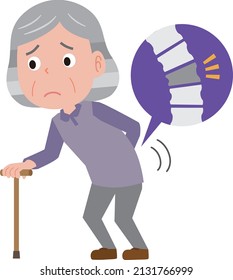 Elderly woman with a bent waist and a cane