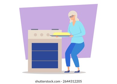 Elderly woman in blue outfit taking tray of food from oven. Kitchen with modern design against purple background looking inviting for cooking