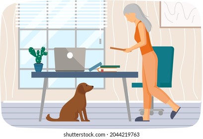 Elderly woman with book in hands is going to computer. Dealing with technology, using modern gadgets concept. Senior lady with her pet, dog at home. Old female character with puppy at workplace