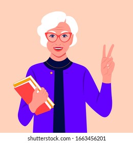 An elderly woman with books smiles and shows a victory sign. Happy oldness. Grandmother. Hand gesture. Vector flat illustration