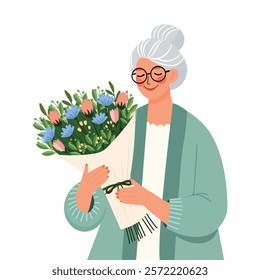 an elderly woman with a bouquet of flowers flat illustration isolated on white background