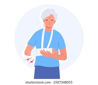 Elderly woman with broken arm. Old woman with plaster in arm sling bandage. Flat vector illustration