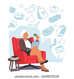 Elderly Woman Browses A Variety Of Groceries Online, Selecting Items For Her Shopping Cart From The Comfort Of Her Home. Old Character Uses Advanced Technologies. Cartoon People Vector Illustration