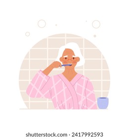 elderly woman brushing her teeth. Oral care. Hygiene. Cleanliness and health. Vector illustration. 