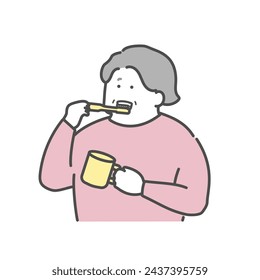 Elderly woman brushing her teeth oral care illustration