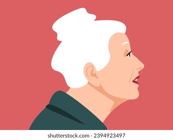 Elderly woman with a bun in profile, senior with a pretty look, flat design