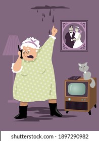 Elderly Woman Calling Emergency Service Or A Superintendent About A Water Leak From Her Ceiling,  EPS 8 Vector Illustration