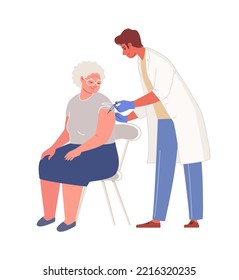 Elderly woman came to vaccination. Nurse gives injection in shoulder to patient. Vector illustration. Flat cartoon characters.