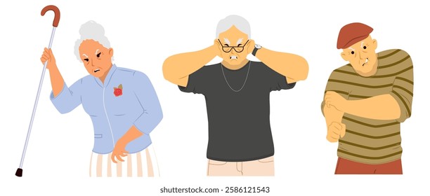 An elderly woman with a cane appears angry while an older man covers his ears. Another man in a cap shows signs of irritation. Their expressions convey strong emotions