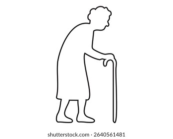 Elderly woman with a cane black outline illustration on white background, vector. concept of senior lady, aging, healthcare, mobility aid, graphic design element.
