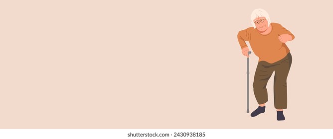 Elderly woman with a cane. Flat illustration. Clipart. The background in dusty peach shade. Trendy abstract art templates. Happy Women's Day. Mother's Day. 