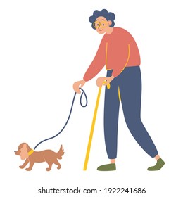 Elderly woman with a cane on a walk with her beloved dog. Happy old lady with her favorite pet. Healthy lifestyle and active pastime for elderly people. Vector flat cartoon illustration.