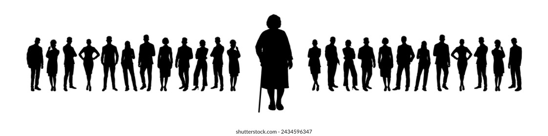 Elderly woman with cane standing in front of large group of young people vector silhouette set.	