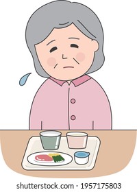 An elderly woman can't eat hospital meals. Vector illustration isolated on white background.