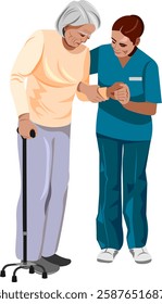 Elderly woman care worker in nursing home helping elderly woman to walk with cane supporting her hand illustration of caring for elderly people Vector