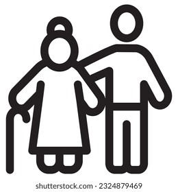Elderly woman caregiver, Volunteer, Vector outline icon.