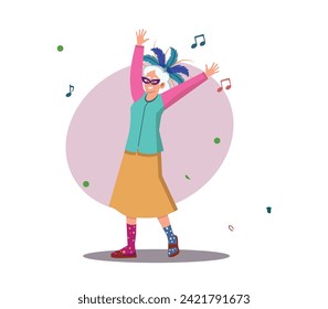 elderly woman in carnival clothes, excited woman in colorful costume and dancing. vector illustration