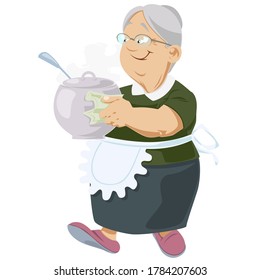 Elderly woman carries hot pot of food. Made with love.  Funny people. Stock illustration. 