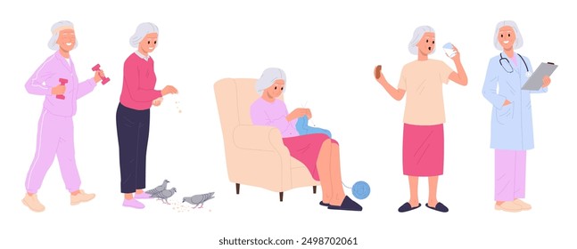 Elderly woman cartoon character daily lifestyle activity, everyday chores isolated set on white