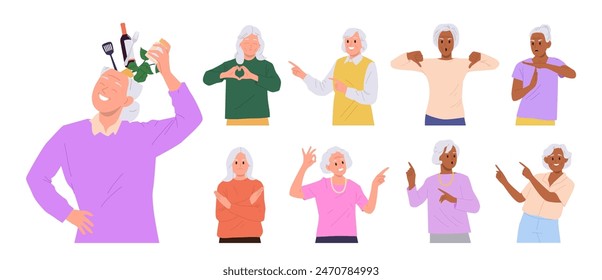 Elderly woman cartoon characters with different emotion and gesture vector illustration isolated set