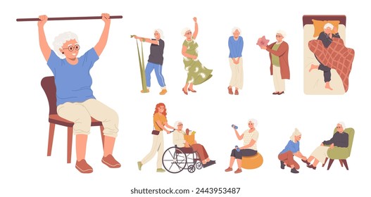 Elderly woman cartoon characters rehabilitation, physical activities, and sport, hobby occupation