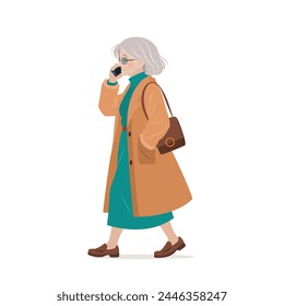 Elderly woman in casual clothing walking and using her smartphone. Character holding a mobile phone in her hands and talking on it. isolated vector illustration on white background.