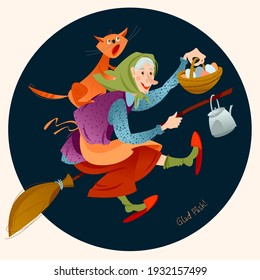 Elderly woman with a cat, a kettle and a basket of eggs flying on broom. Scandinavian Easter tradition. Glad Pask! (Happy Easter!) Vector illustration