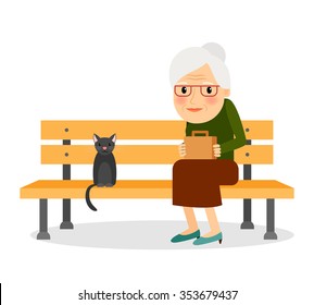 Elderly woman and cat sitting on park bench. Rest and outdoor quiet time. Vector illustration.