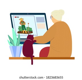 Elderly Woman With Cat Watching Gardening Blog On Laptop. Flat Vector Illustration.