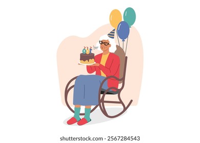 Elderly woman celebrates centenary and blows out candles on birthday cake, sits in rocking chair with balloons. Centenary for residents of nursing home or hospice for people without relatives