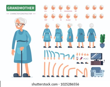 Elderly Woman Character Constructor For Animation. Front, Side And Back View. Flat  Cartoon Style Vector Illustration Isolated On White Background. 