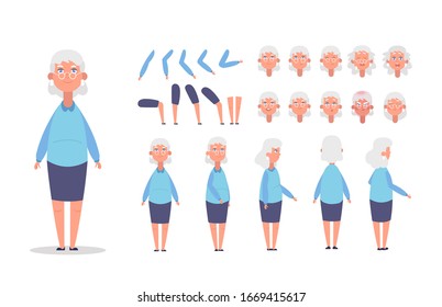 Elderly woman character constructor for animation with various views, poses, gestures, hairstyles and emotions. Cartoon old woman, grandma parts of body ready to use poses. Vector illustration