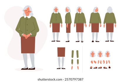 Elderly woman character constructor for animation. Front, side and back view set. Body parts, postures, poses collection. Vector illustration.