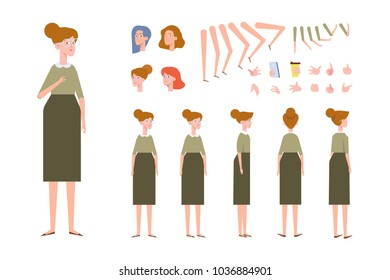 Elderly woman character creation set with various views, hairstyles and gestures. Front, side, back view animated character. Cartoon style, flat vector illustration. 