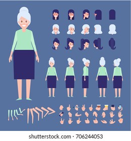 Elderly Woman Character Creation Set With Various Views, Hairstyles And Gestures. Front, Side, Back View Animated Character. Cartoon Style, Flat Vector Illustration. 