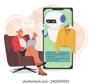 Elderly Woman Character Navigates Online Shopping With A Helpful Chatbot Assistant, Choosing Clothes, Enjoying A Virtual Experience From The Comfort Of Her Home. Cartoon People Vector Illustration