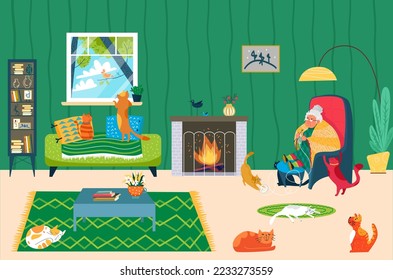 Elderly woman character needlework, old female love home pet cat, comfortable room flat vector illustration, comfortable cozy place.