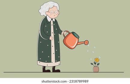 Elderly Woman Character Pouring Water To Plant From A Watering Can On Pastel Green Background.