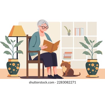 Elderly Woman Character Reading A Book On Chair With Adorable Cat, Plant Vase, Floor Lamp And Shelves Over Background.